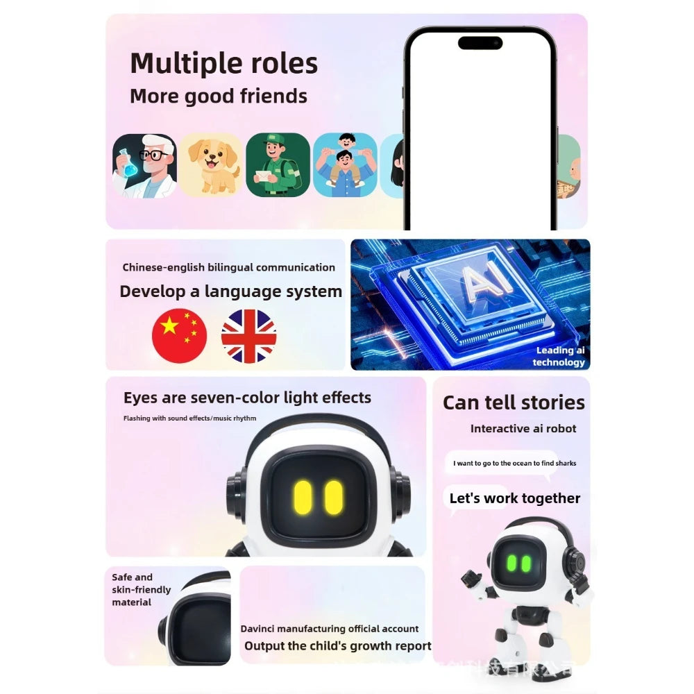 AI Interactive Desk Robot with Voice Recognition Feature Talking Companion, Learning Games, Educational Toy for Kids